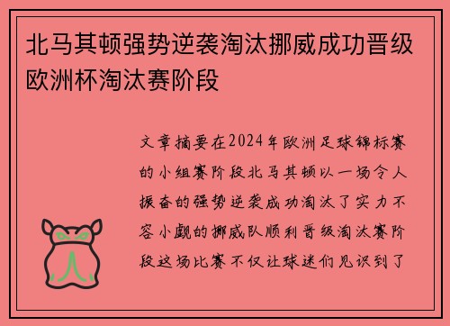 北马其顿强势逆袭淘汰挪威成功晋级欧洲杯淘汰赛阶段