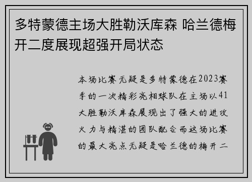 多特蒙德主场大胜勒沃库森 哈兰德梅开二度展现超强开局状态