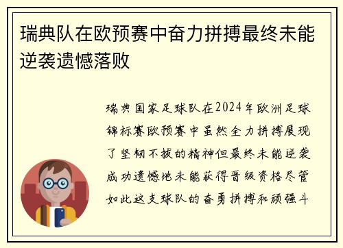 瑞典队在欧预赛中奋力拼搏最终未能逆袭遗憾落败