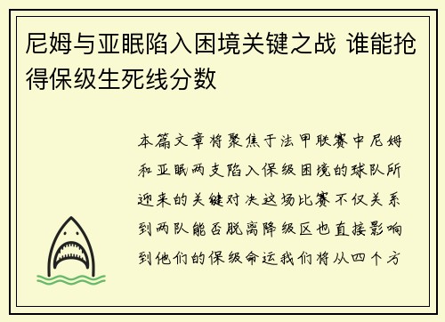 尼姆与亚眠陷入困境关键之战 谁能抢得保级生死线分数