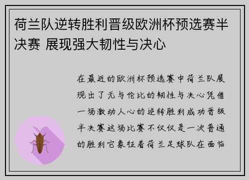 荷兰队逆转胜利晋级欧洲杯预选赛半决赛 展现强大韧性与决心