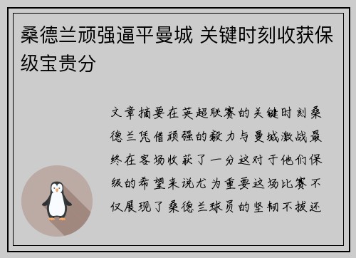 桑德兰顽强逼平曼城 关键时刻收获保级宝贵分