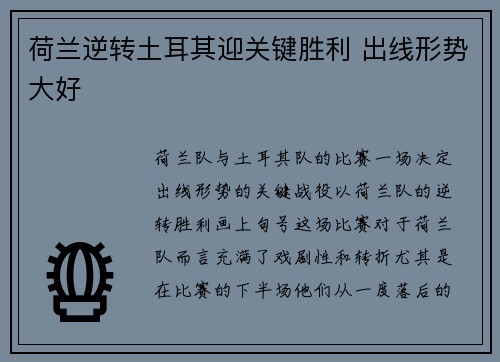 荷兰逆转土耳其迎关键胜利 出线形势大好