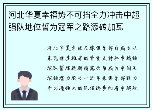 河北华夏幸福势不可挡全力冲击中超强队地位誓为冠军之路添砖加瓦