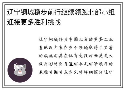 辽宁钢城稳步前行继续领跑北部小组迎接更多胜利挑战