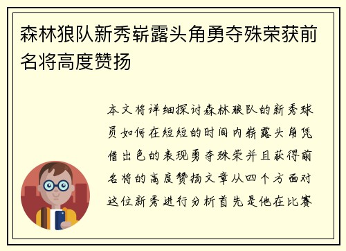 森林狼队新秀崭露头角勇夺殊荣获前名将高度赞扬